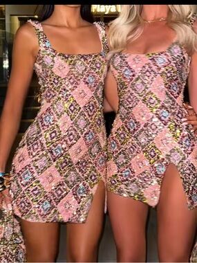 Sequin Embellished Pink Mosaic Mini Dress